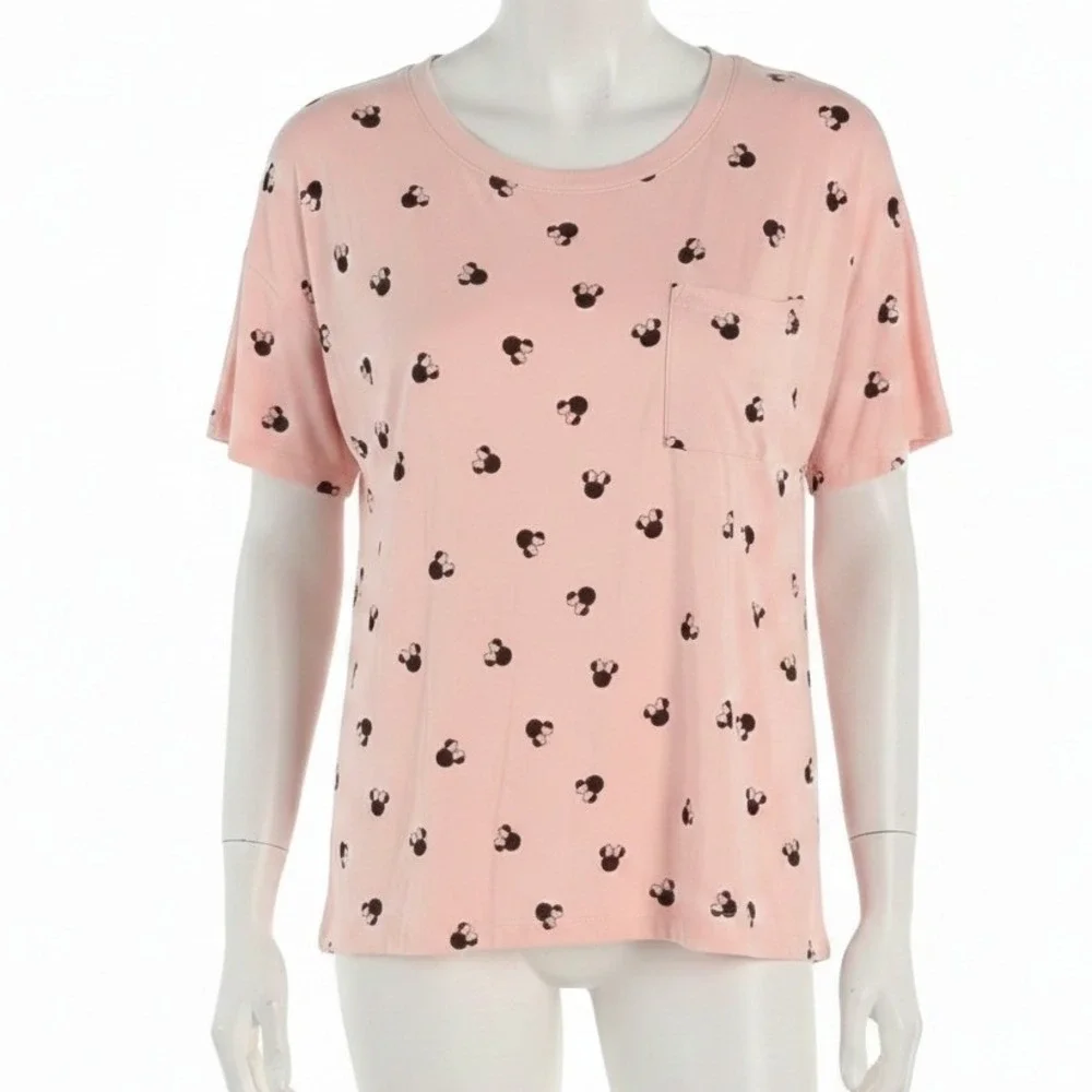 Disney Minnie Mouse Pink Black Tee Small Soft Stretch Short Sleeve‎ Pocket Top
